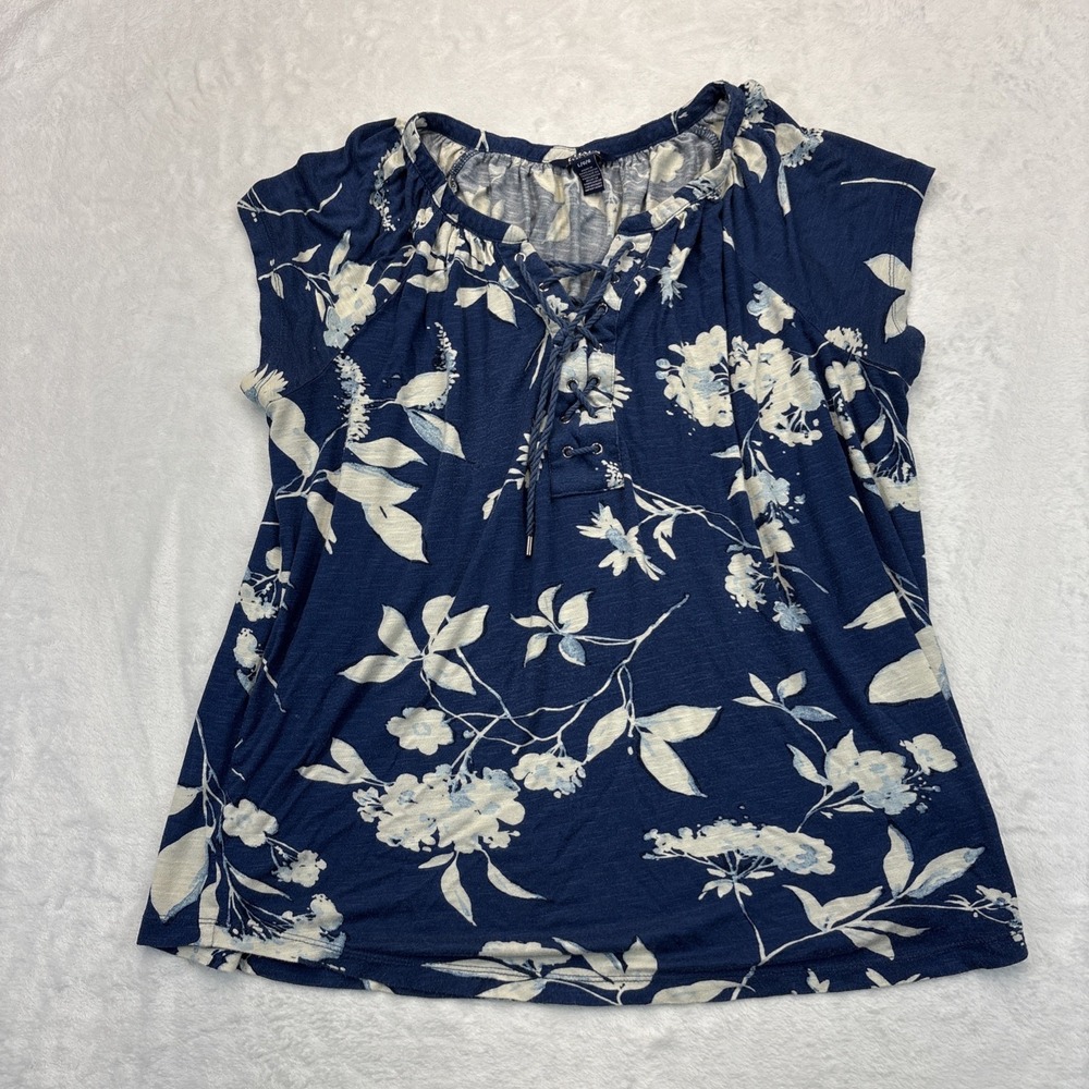 Chaps Navy Floral Lace-Up Blouse Womens L Boho Cottagecore Top Resort Wear